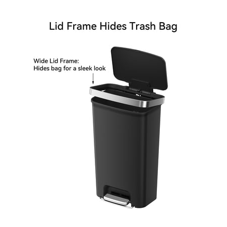BETTER HOMES & GARDENS KITCHEN TRASH CAN, 11.9 GALLON PLASTIC STEP GARBAGE BIN WITH SOFT CLOSE LID, BLACK