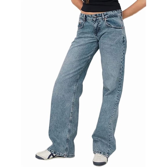 Women Baggy Jeans Mid-Low Waist Boyfriend Streetwear Vintage Jeans Wide Leg Denim Pants 12176 Light Blue M