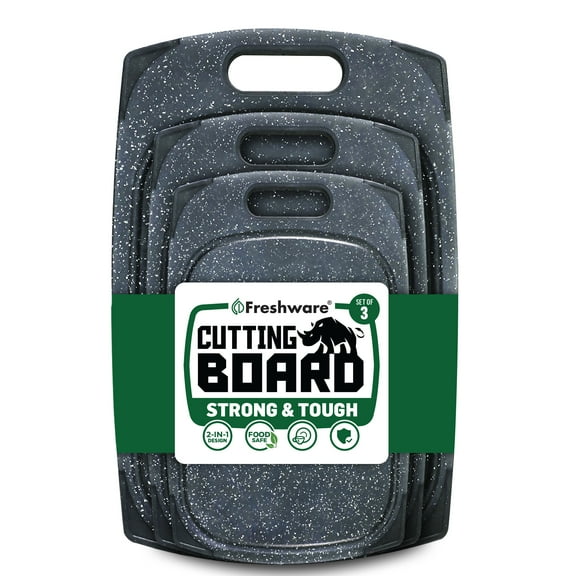 Plastic Cutting Boards for Kitchen, Cutting Board Set of 3, Juice Grooves with Easy Grip Handle, BPA-Free, Non-Porous, Dishwasher Safe, Black Marble