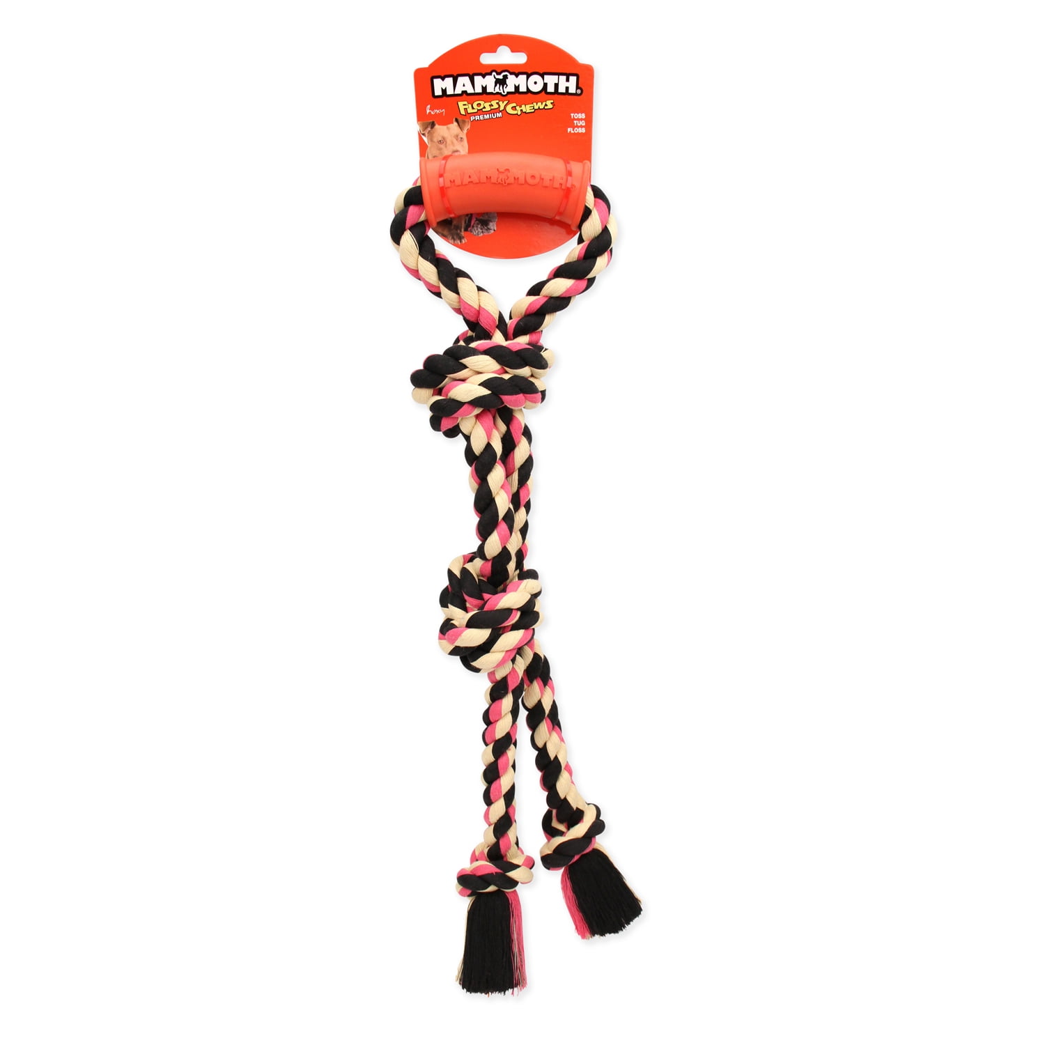 Mammoth Flossy Chews Cottonblend Twin Tug with Rubber Handle Rope Dog Toy, Large 24", Assorted Colors