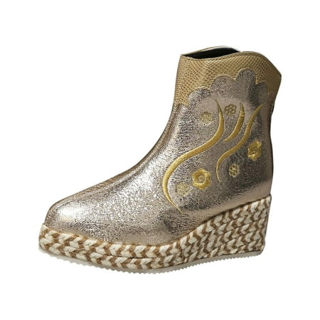 

Lovskoo 2024 Women s Western Cowboy Wedge Ankle Booties Embroidered Pointed Toe Platform Heels Invisible Height Increasing Shoes Straw Bottom Pull On Boots Gold