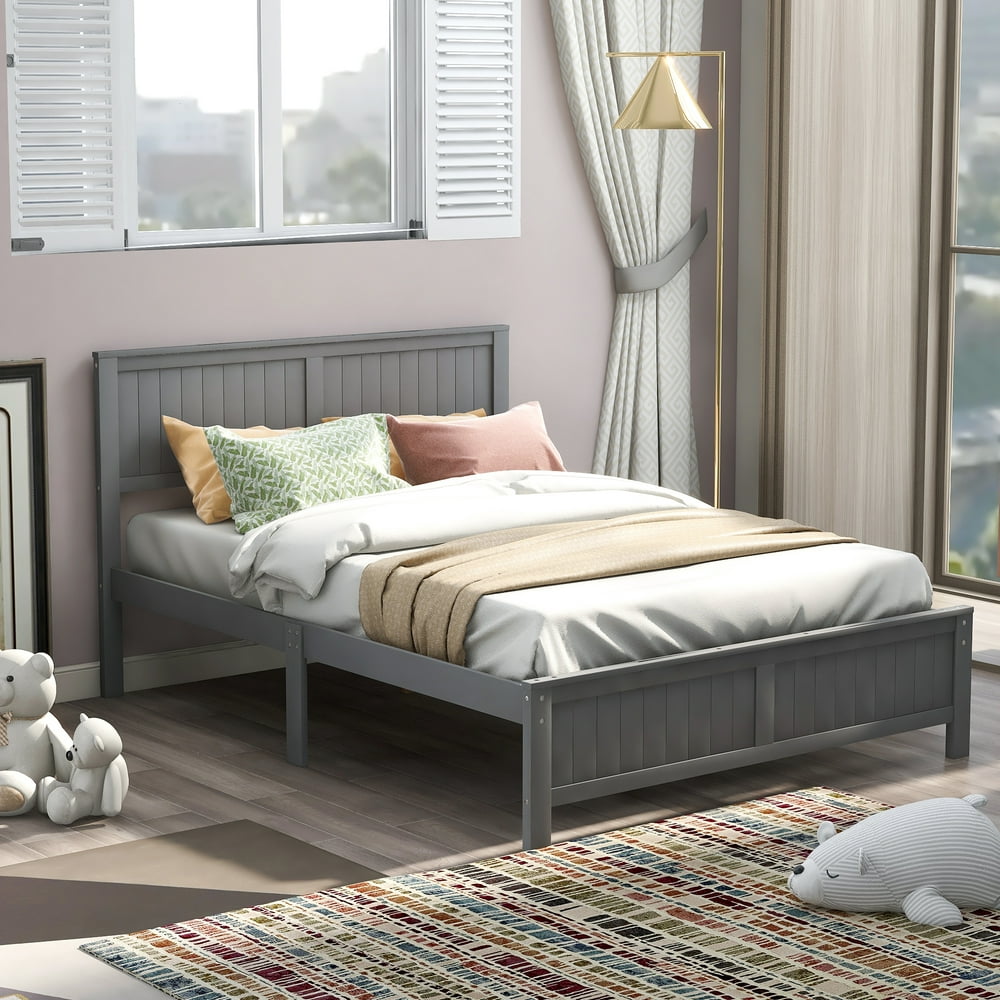 Euroco Full Size Wooden Platform Bed with Headboard & Footboard, Gray ...