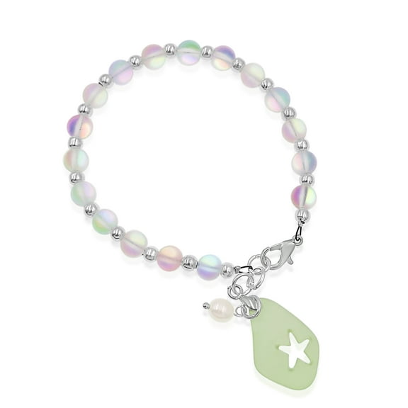 Besheek Silvertone Clear Green Star Seaglass & Freshwater Pearl Beaded Bracelet