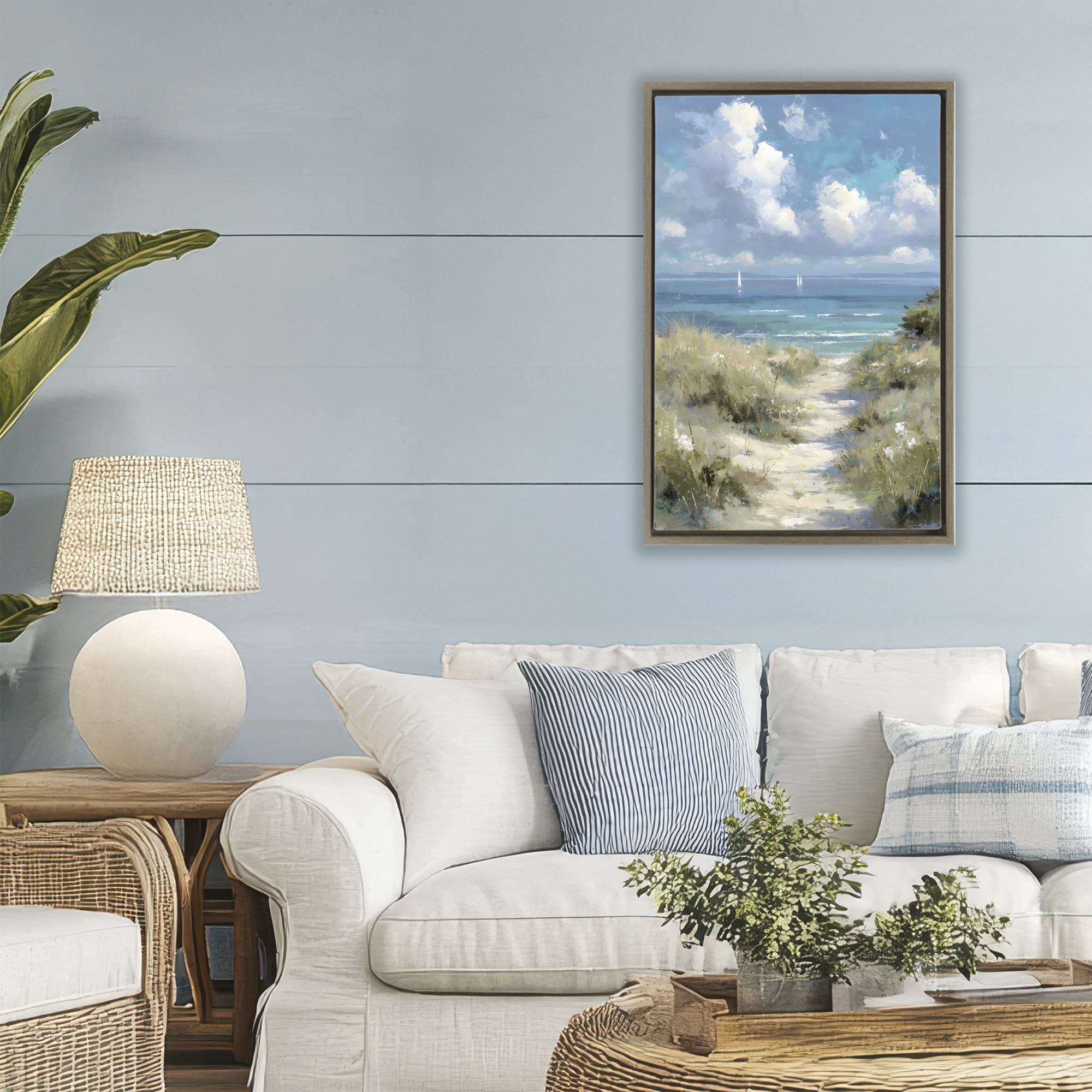 Stupell Industries Impressionist Clouds over Beach Path Brown Framed Floater Canvas Wall Art, design by Petal Prints Design