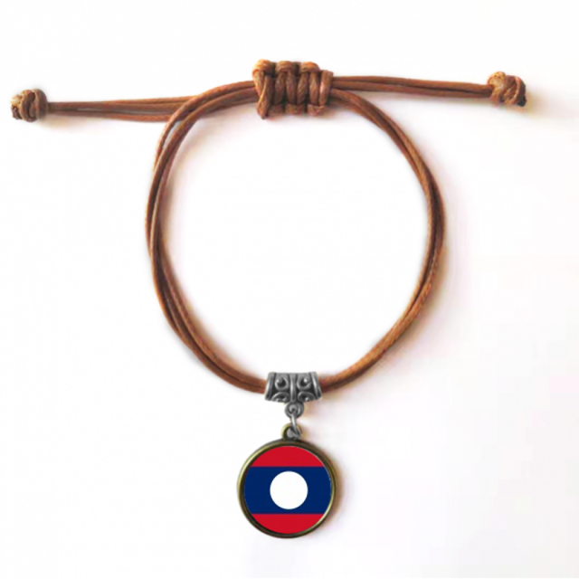 Laos National Flag Asia Country Bracelet Leather Hide Rope Wristband Brown Jewelry