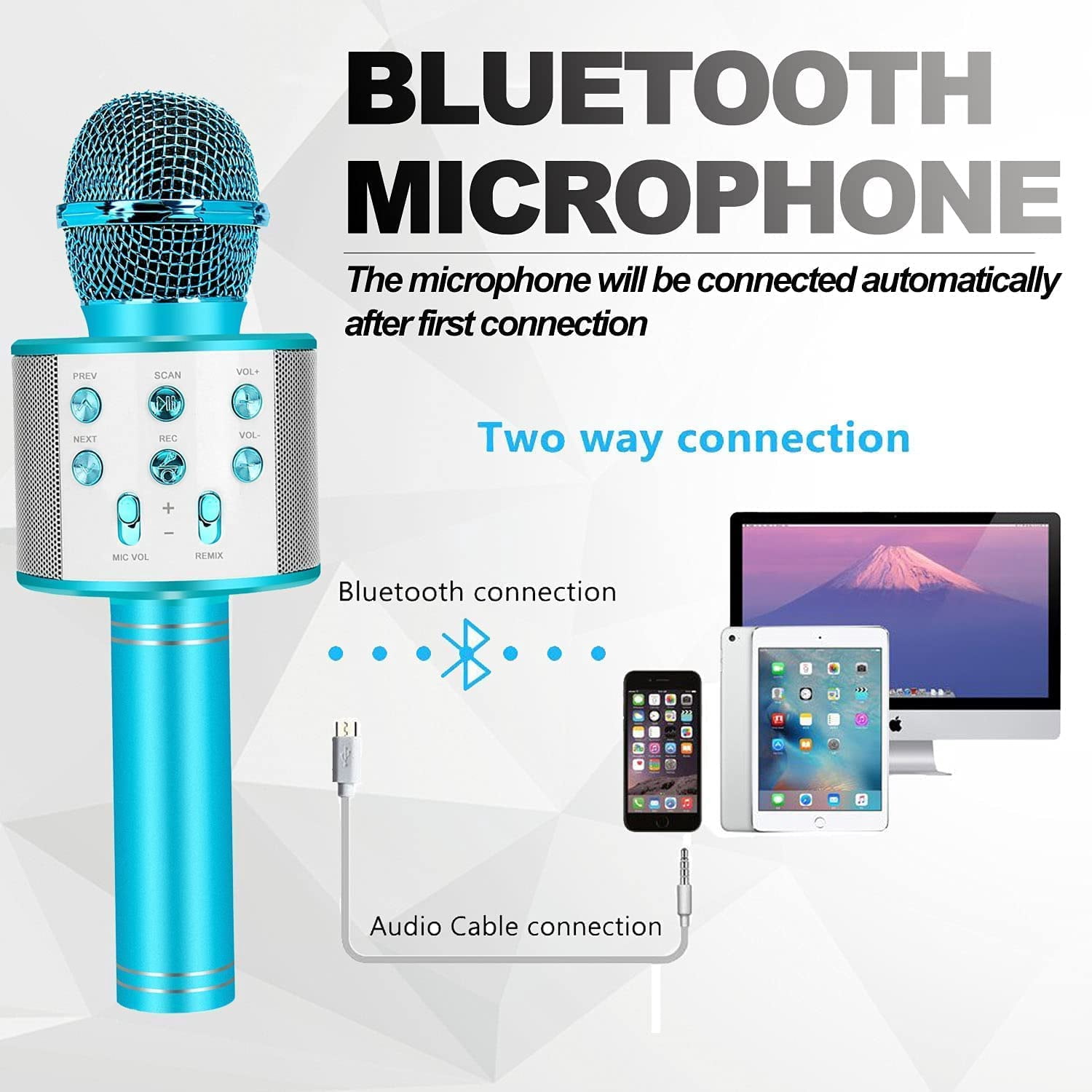 DAKIMOE Wireless Bluetooth Karaoke Microphone, Portable Handheld Singing Microphone for Kids Adults with Stereo Speaker and Voice Changer for All Smartphones, Gifts for Girls Kids Adults, Blue