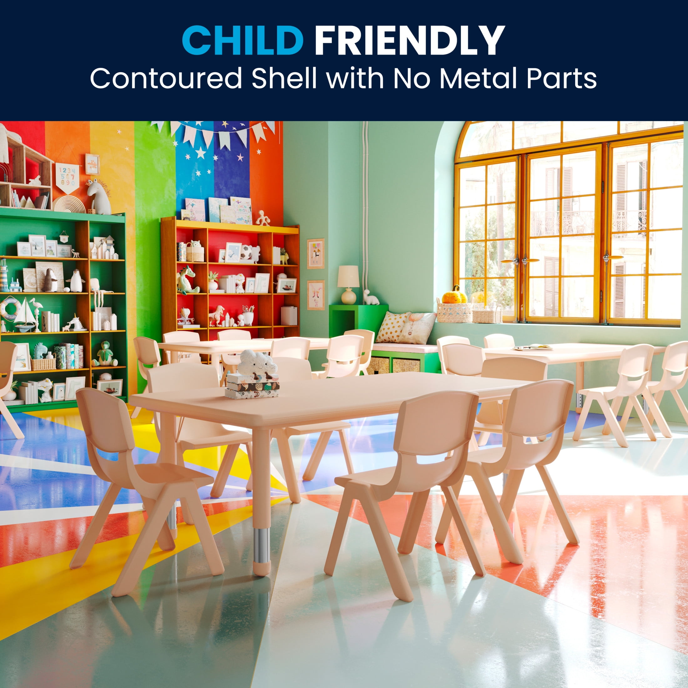 Flash Furniture Emmy 24"W x 48"L Rectangular Natural Plastic Height Adjustable Activity Table Set with 6 Chairs
