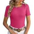 thumbnail image 2 of Tiqkatyck Women Summer Tops, Women's Fashion Short Sleeve Solid Color Round Neck Bottoming Tight Ice Silk T Shirts, Shirts for Women Hot Pink S, 2 of 5