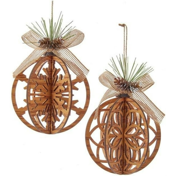 Kurt Adler Wooden Cut-Out 3-D Hanging Ball Ornaments, 2 Assorted, 6.7"