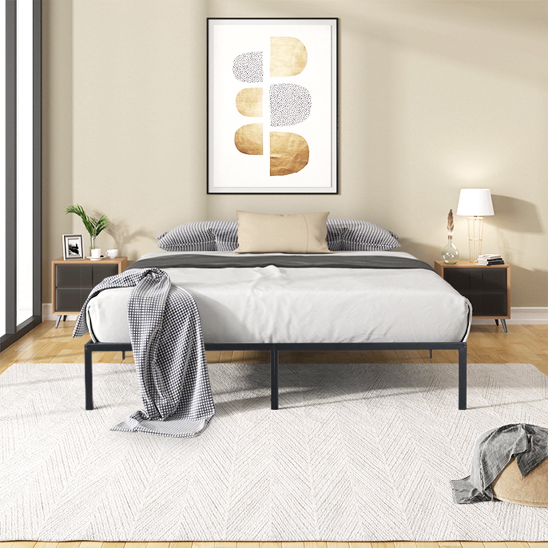 Aukfa Platform Metal Queen Size Bed Frame, 14 Inch, 600 lb Capacity, Noise Free, Black