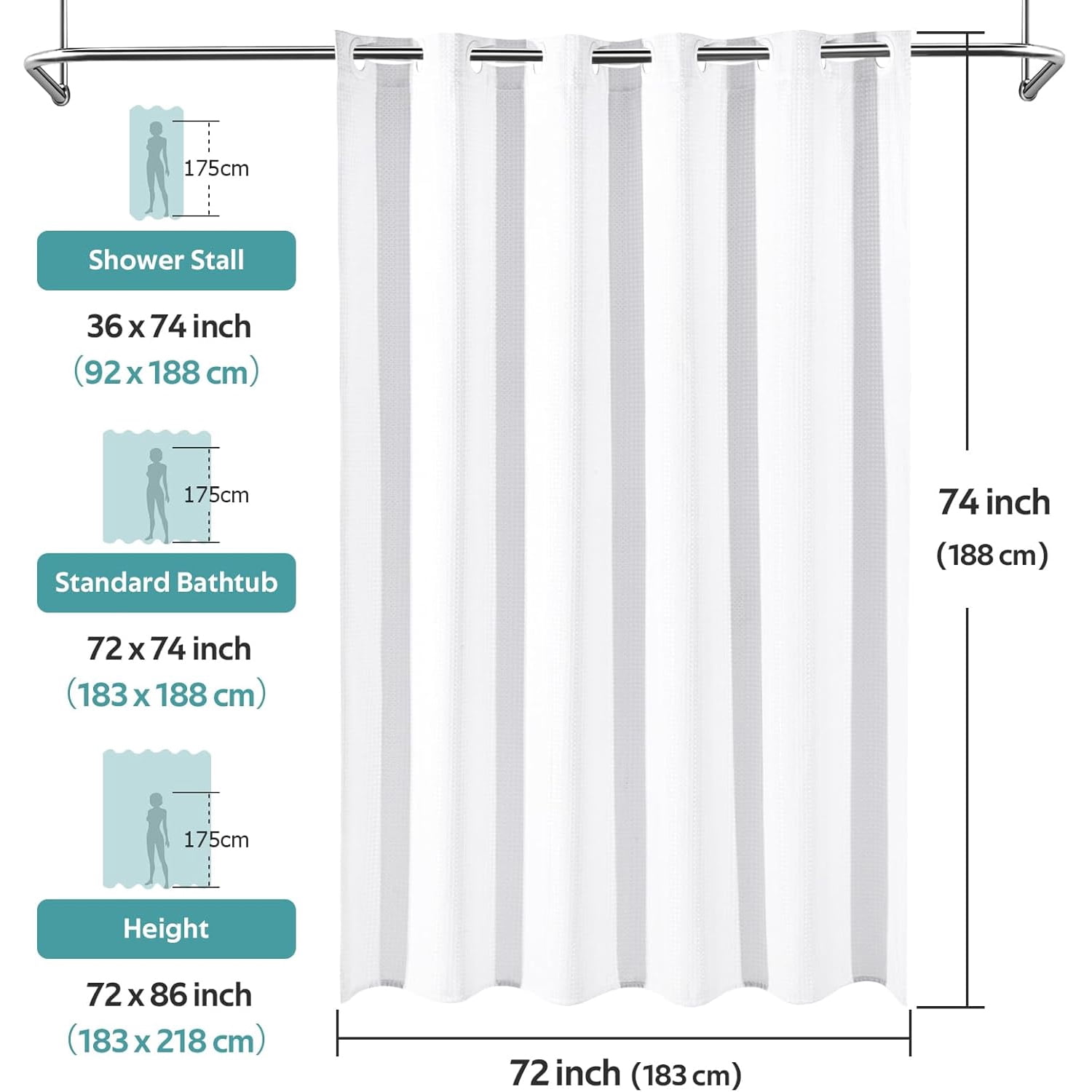 Waffle Weave Shower Curtains, No Hook Shower Curtains for Bathroom, DawnJoanHD White Polyester Fabric Shower Curtain with Built-in Rings, 72" x 74"