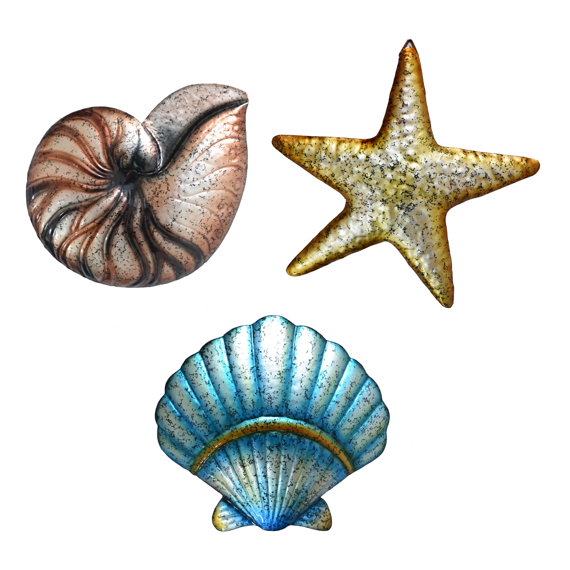 BVLFOOK 3 Pcs Metal Beach Wall Decor Sea Star Shell Conch Metal Decor