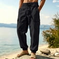 thumbnail image 3 of Homeyce Mens Cotton Linen Pants Elastic Drawstring Waist Straight Leg Pants with Pockets Linen Cotton Trousers Yoga Beach Loose Fit Casual Summer Sweatpants,Black L, 3 of 5