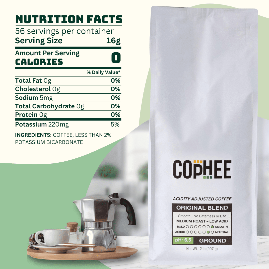 COpHEE - Low Acid Coffee for Reflux, Heartburn and Indigestion - 32 oz Ground Medium Roast Arabica