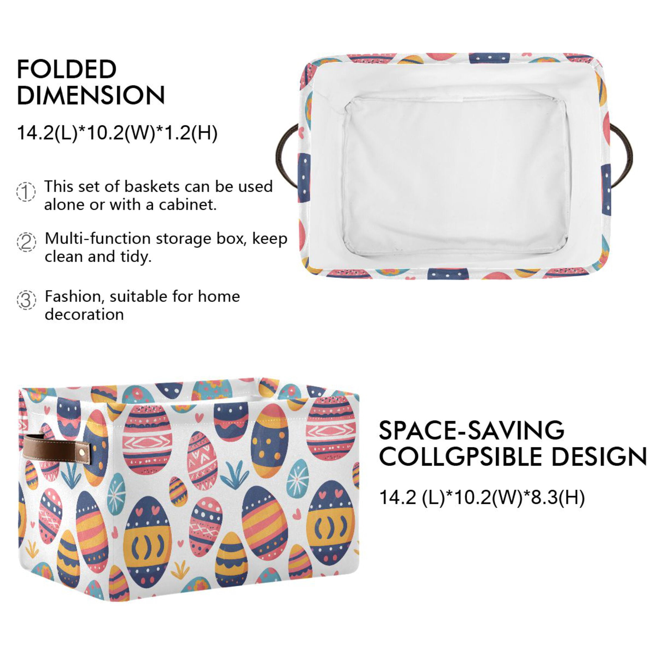 Easter Egg and Grass Storage Bins with Handle Fabric Organizer Basket Foldable Box 2 Pack 14.2x10.2x8.3