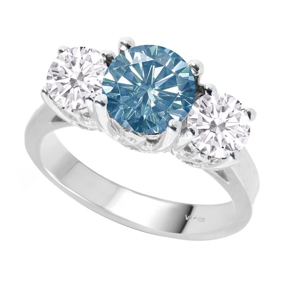 Sterling Silver with Blue Moissanite and White Topaz Three Stone Ring