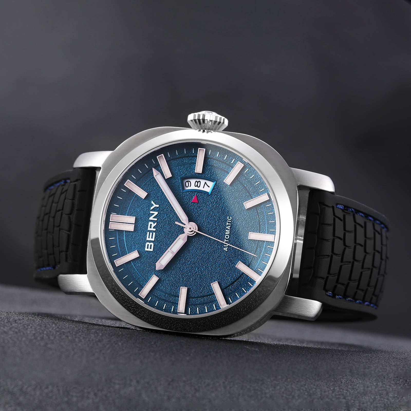 BERNY Automatic Watch for Men, Sport 10ATM Waterproof Mechanical Watch with Silicone Strap, Date Calendar, Super Luminous, Sapphire Glass, Fashionl Men's Diver Wristwatch, Blue