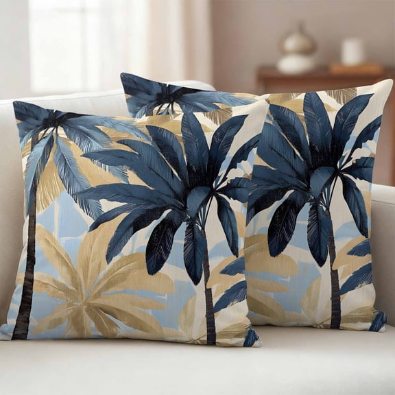 Pack of 2 Outdoor Pillow Covers 18x18 Inch Waterproof Navy Blue Palm Trees Throw Pillow Covers,Decorative Couch Pillow Case Sham Vintage Summer Botanical Watercolor Patio Pillowcases Cushion Cover