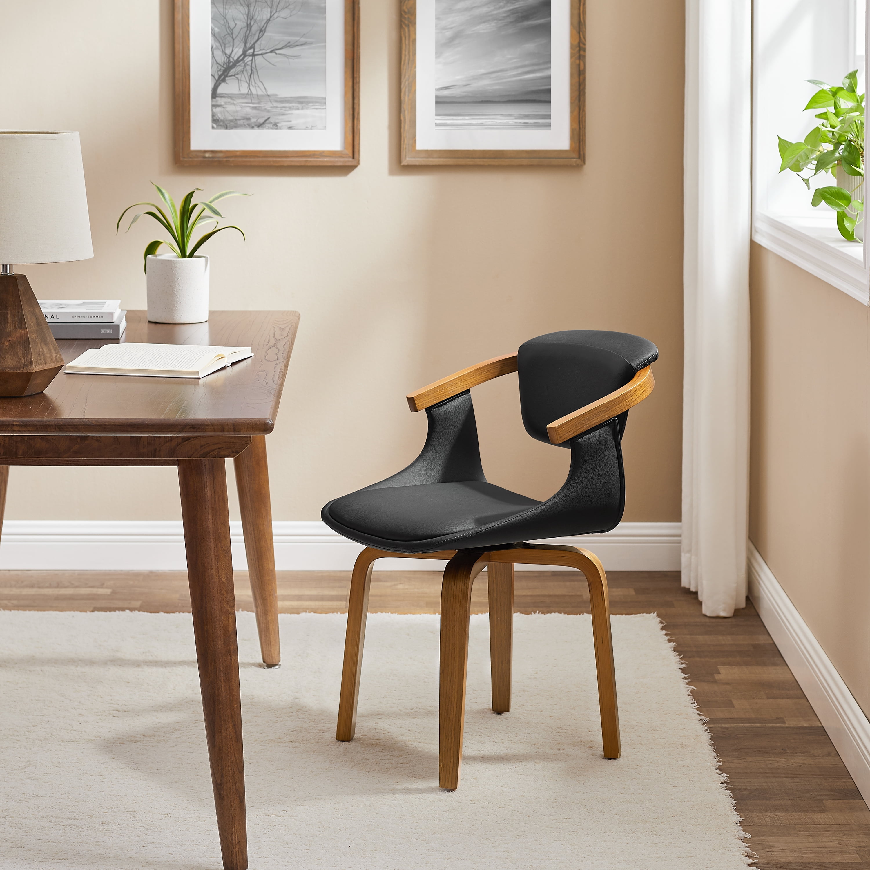 Art Leon Office Chair, Faux Leather Swivel Desk Chair with Wood Legs, Black