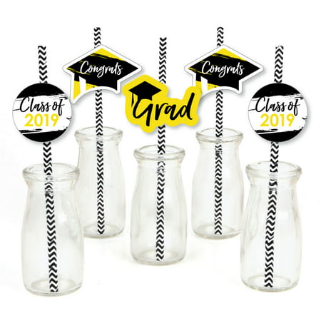 Yellow Grad - Best is Yet to Come - Paper Straw Decor - Yellow 2019 Graduation Striped Decorative Straws -Set of
