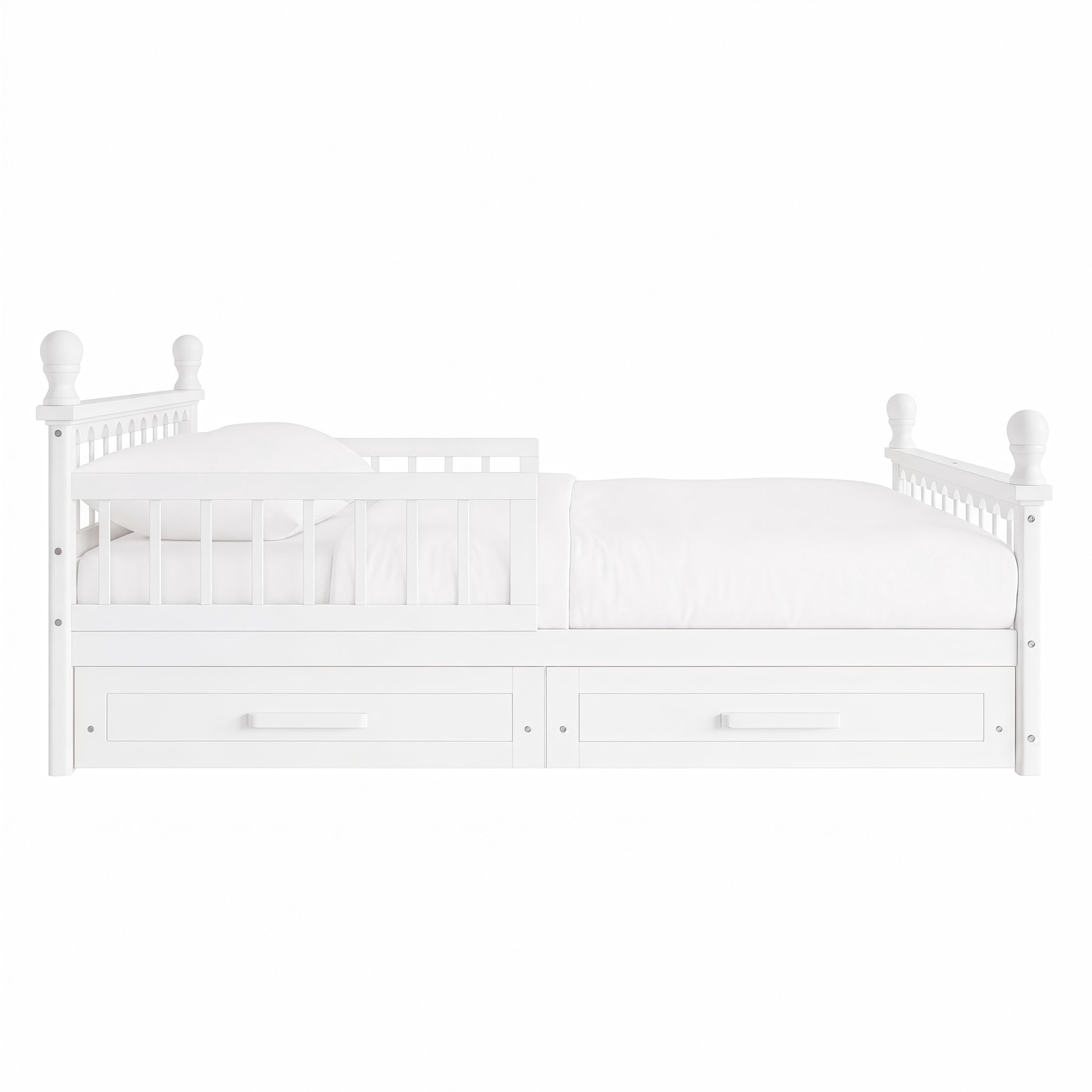 Noble House Orielle Twin Kids Bed Frame with Storage Drawers, Low-Profile Platform Bed with Safety Guardrails, White