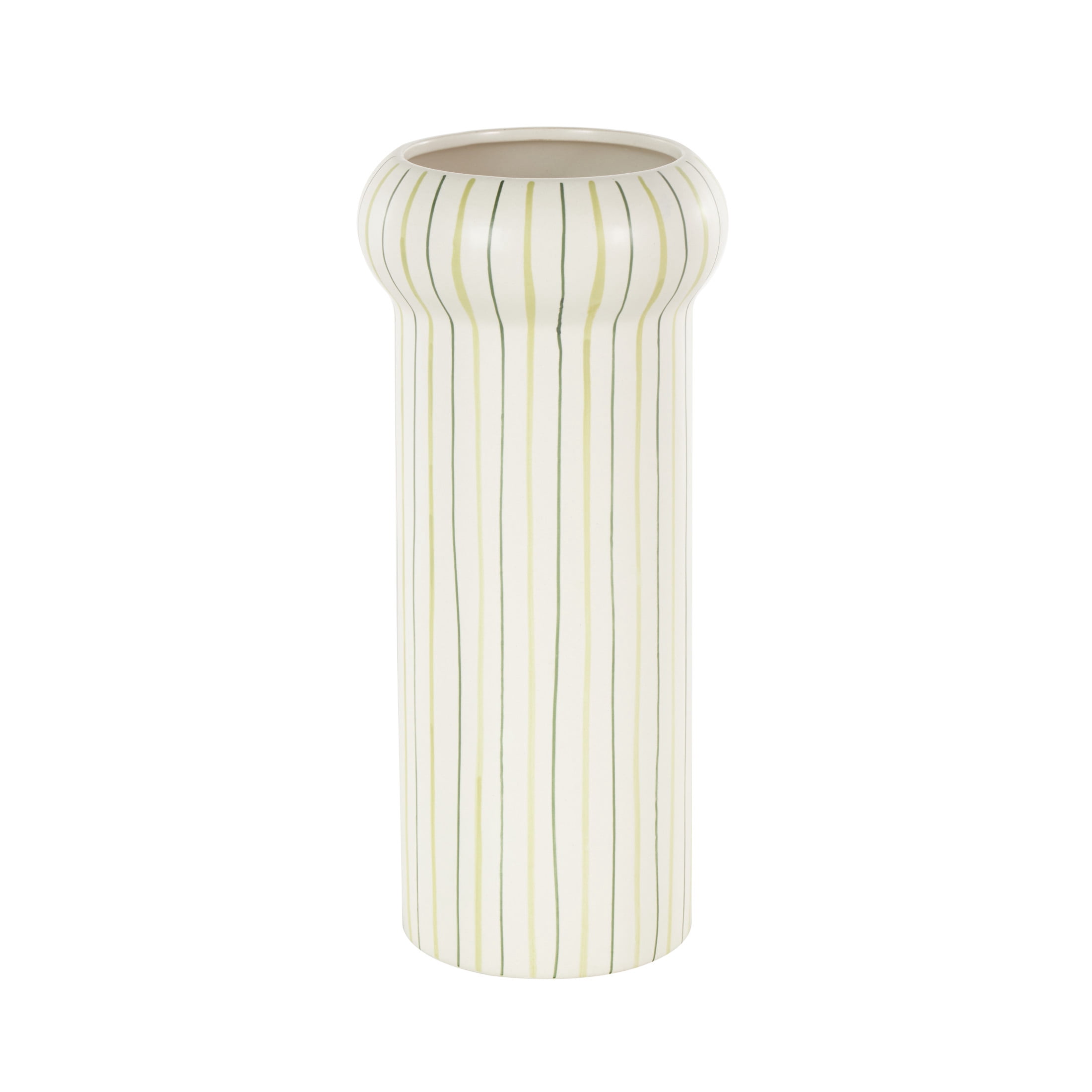DecMode 12" Abstract Round White Ceramic Vase with Green Linear Patterns