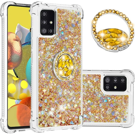 Case for Samsung Galaxy A51 5G, Galaxy A51 5G Liquid Case Glitter Clear TPU Cute Love Moving Quicksand Sparkle Phone Case with Stand Liquid Shockproof Cover for Samsung Galaxy A51 5G Gold YBZ