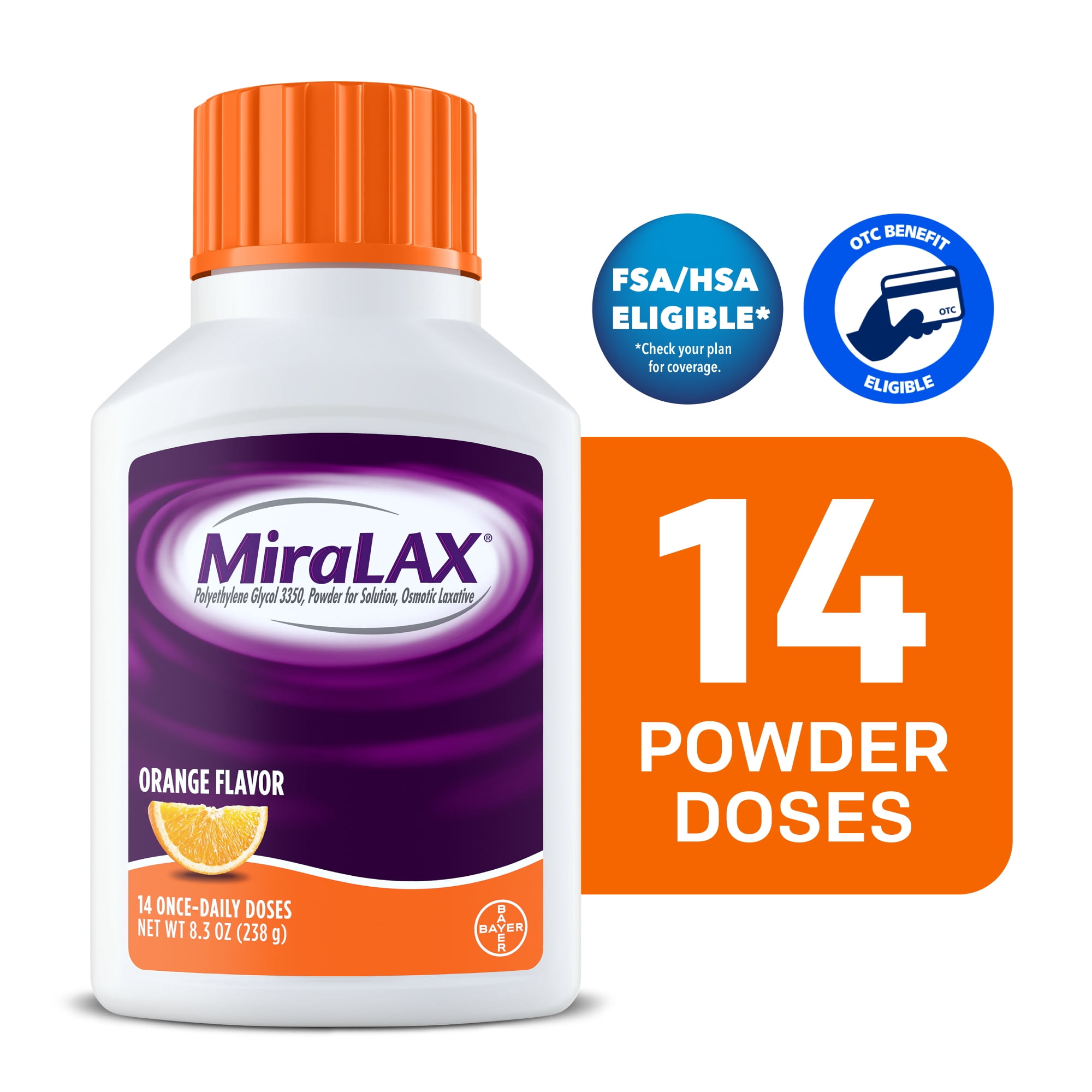 MiraLAX Laxative Powder for Gentle Constipation Relief, PEG 3350, Orange Flavor, 14 Dose
