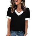 thumbnail image 2 of Pxxlle Casual T Shirts for Women Fashion Color Block Short Sleeve Tees Loose Fitted V Neck Tshirt Summer Beach Vacation Clothes Black M, 2 of 10