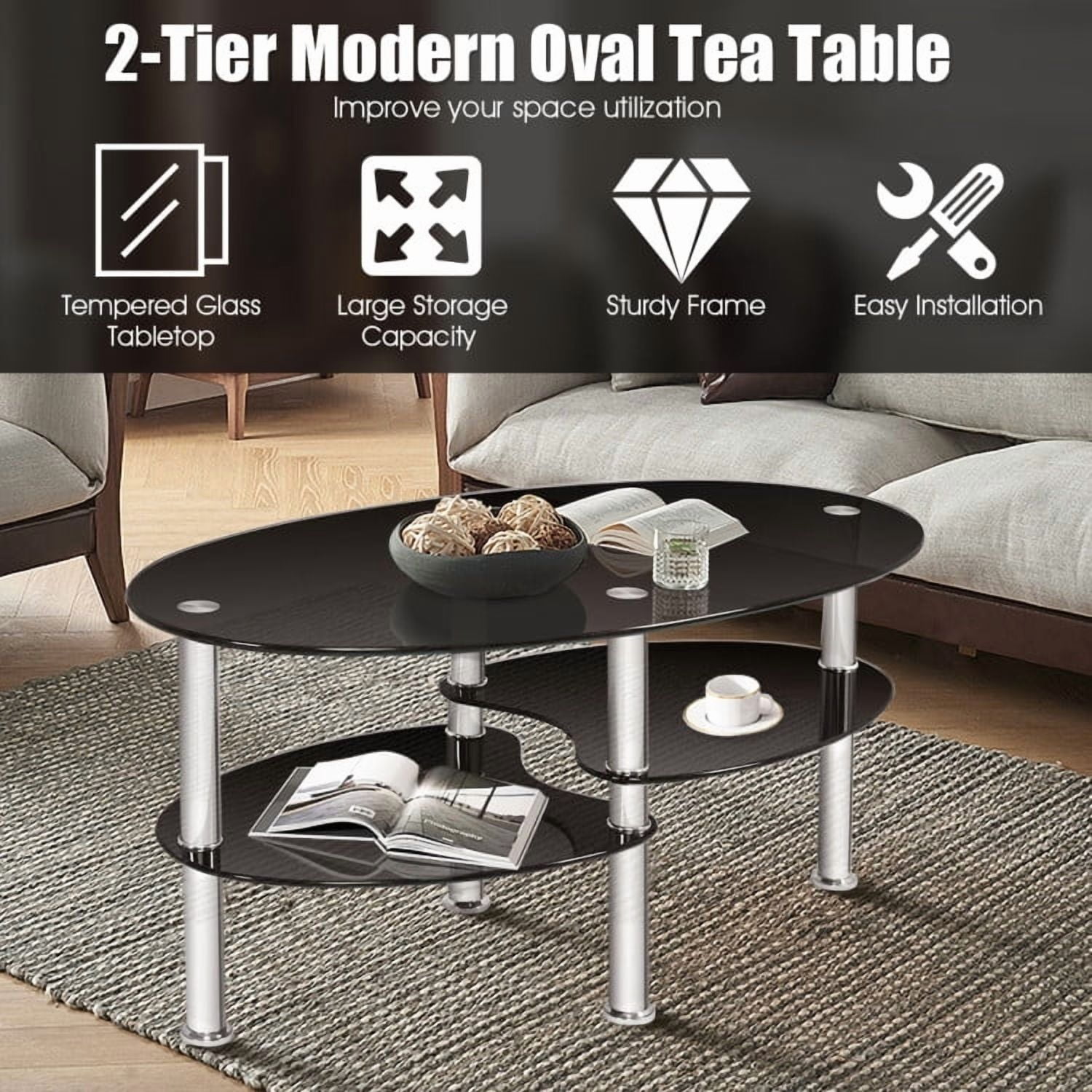 Yardi Yard Mid-Century Modern Oval 2-Tier Tempered Glass Coffee Table with Storage Side Shelf and Oak Wood Legs for Living Room Black