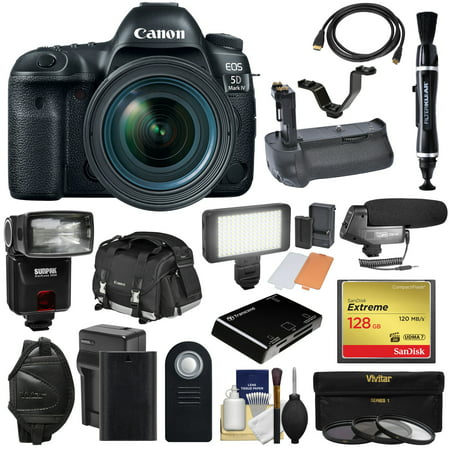 Canon EOS 5D Mark IV 4K Wi-Fi Digital SLR Camera + 24-70mm f/4L IS USM Lens + 128GB CF Card + Battery + Charger + Grip + Case + Flash + LED Light + Mic (Best Cf Card For Canon 5d Mark Ii)