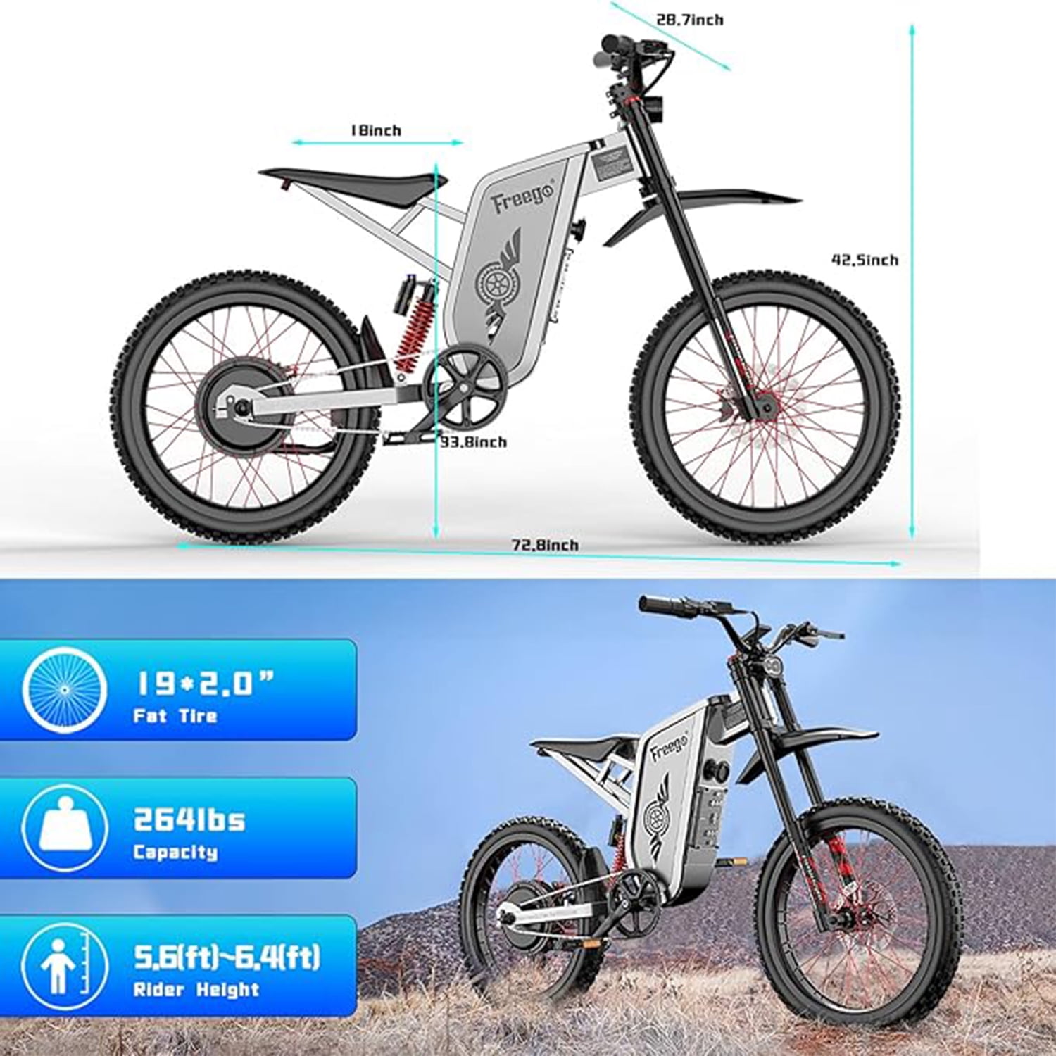 Freego X2 Pro 6000W(Peak) Motor Electric Dirt Bike for Adults, 60V30AH Battery Electric Motorcycle ,50MPH Speed Electric Bicycle,19x2'' Full Suspension/Hydraulic Brake