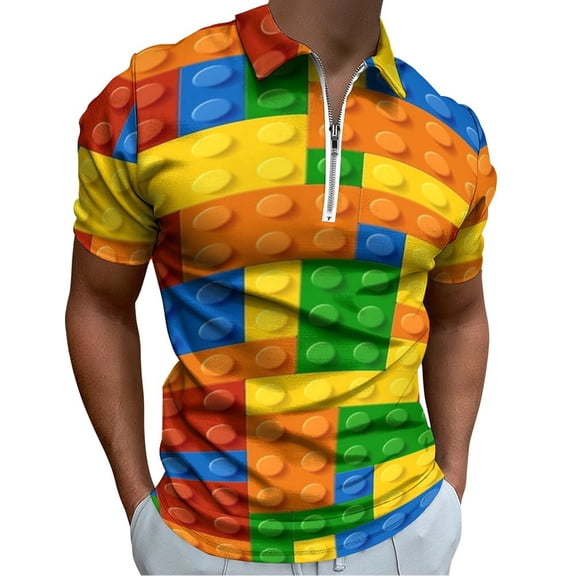 Building Blocks Construction Brick Men Zipper T-shirt Summer Casual Short Sleeve T-shirt Top