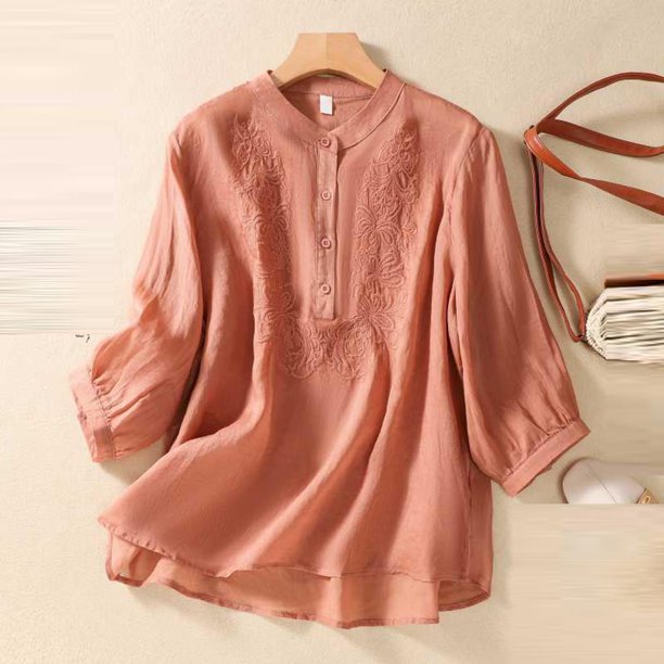 Fiudx Camisas para Mujer Camiseta Holgada Informal con Bordado de Color Liso para Mujer, Camisetas de Manga Corta y Blusa de Lino