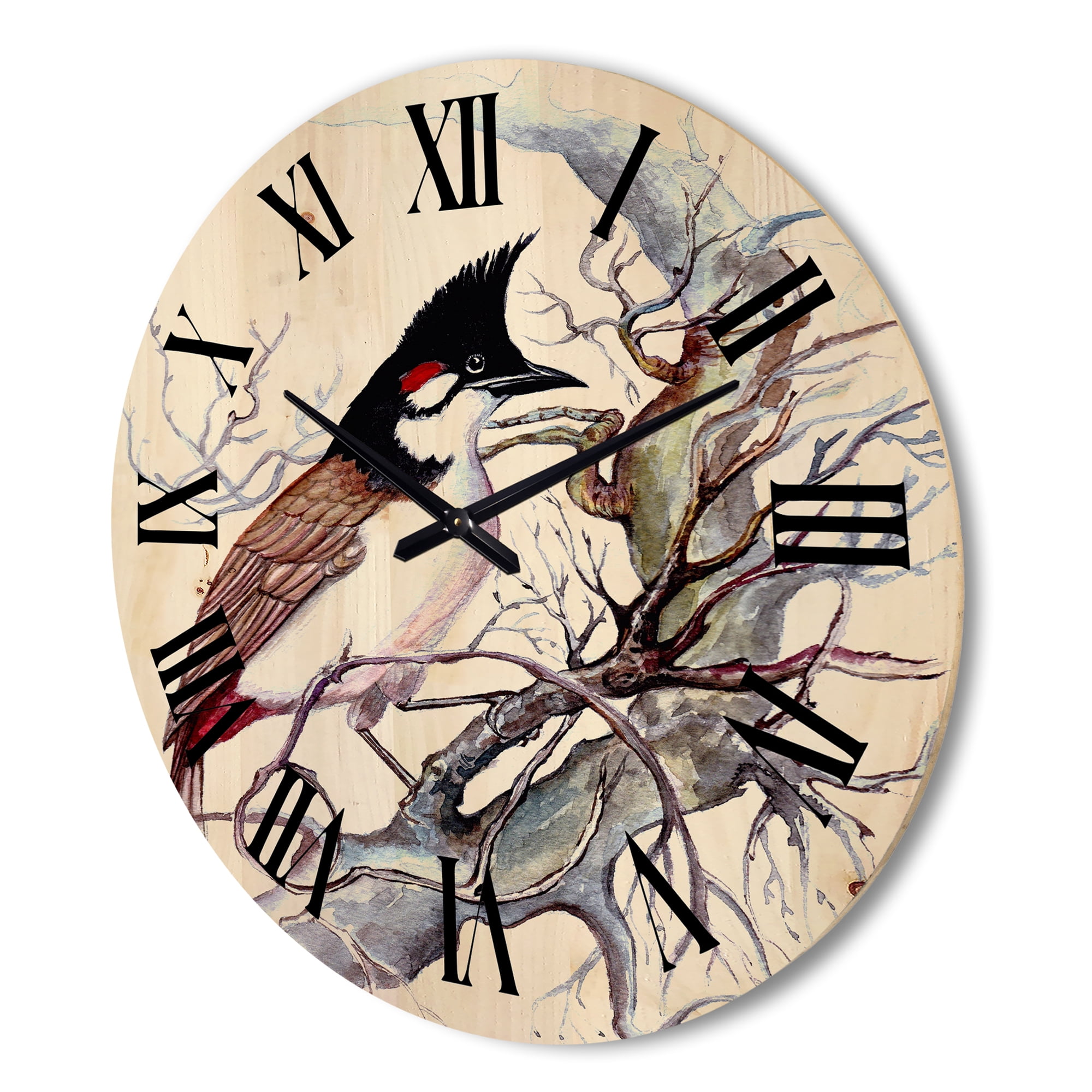 Designart 'Ancient Beautiful Bird On A Branch' Traditional Wood Wall Clock