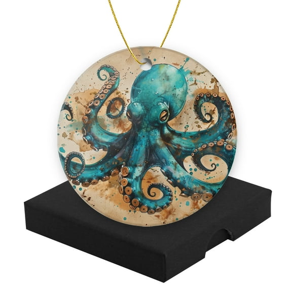 Christmas Ornament Round Ceramic Keepsake Holiday Present Christmas Decoration for Tree 2.95inTeal Octopus With Brown Tentacles