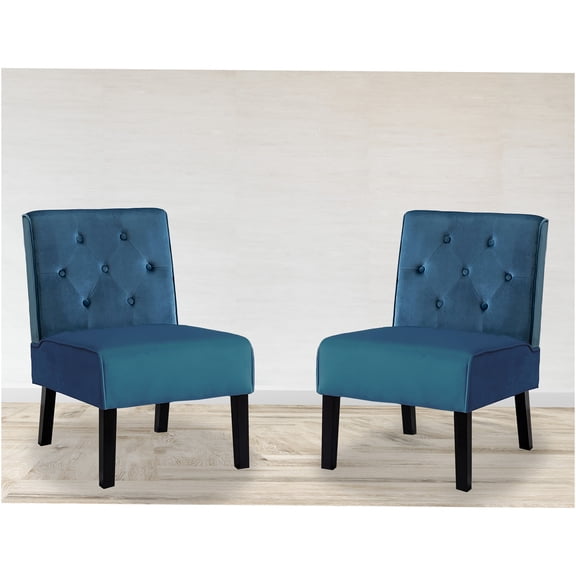 JERFIT Modern Velvet Accent Chair Set of 2, Armless Button Tufted Upholstered Lounge Chairs with Curved Back and Wood Legs for Living Room, Bedroom, Blue