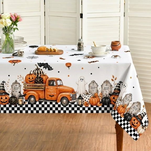 84x60in Vintage Truck Pumpkin Ghost Halloween Tablecloth for Party Decor