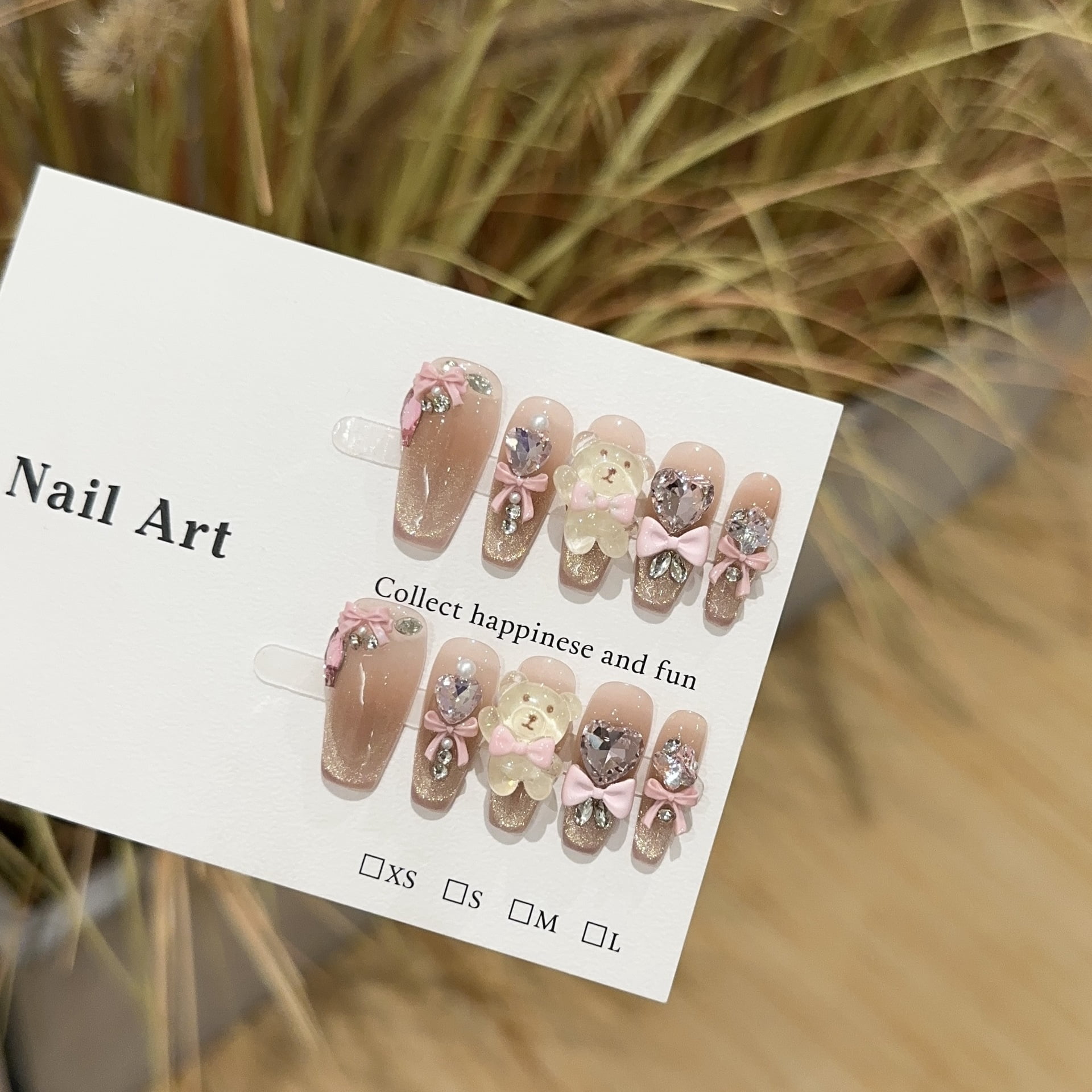 Purely handmade wearing nail advanced sense gold cat's eye nail art piece pink blush nail bear love fake nail patch