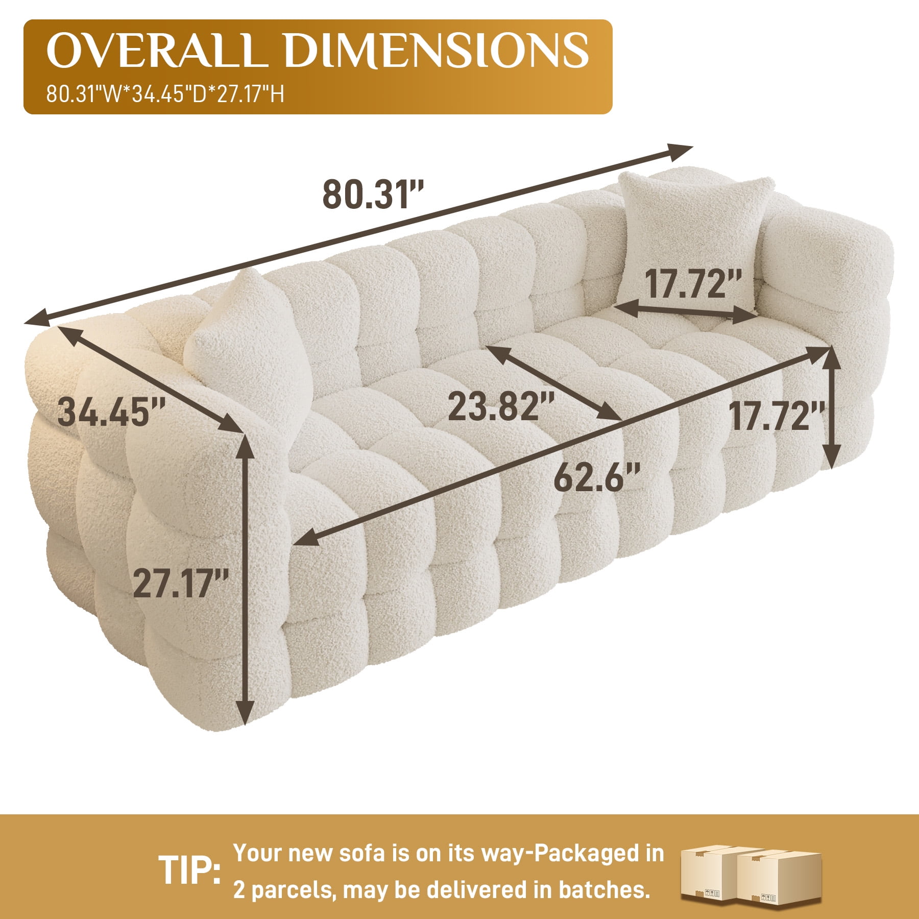 Wiilayok 80.3" Modern Tufted Upholstered 3 Seater Sofa with 2 Pillows，Comfy Sherpa Deep Seat Cloud Couch, Small Love Seat for Living Room Apartment, Beige White
