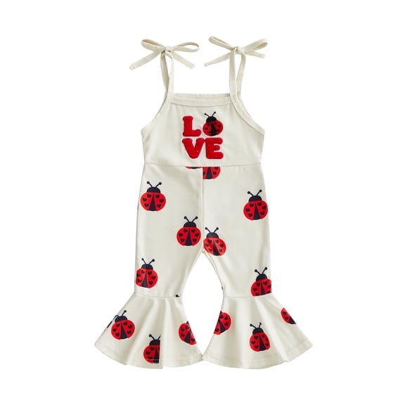 BemeyourBBs Toddler Baby Girls Valentines Day Outfit Ladybug Romper Overalls Love Letter Spaghetti Strap Tie Shoulder Jumpsuit Bell Bottoms Flare Pants