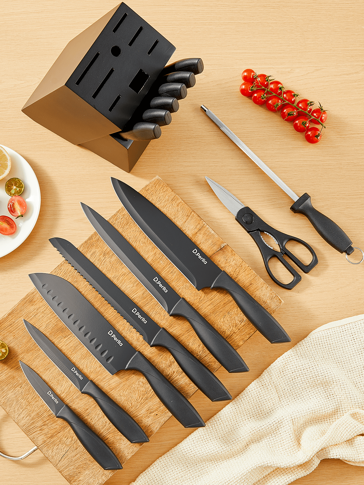D.Perlla Kitchen Knife Set, 15 Pieces High Carbon Stainless Steel Knife Block Set with Anti-Rust & Non-stick Coating, Dishwasher Safe
