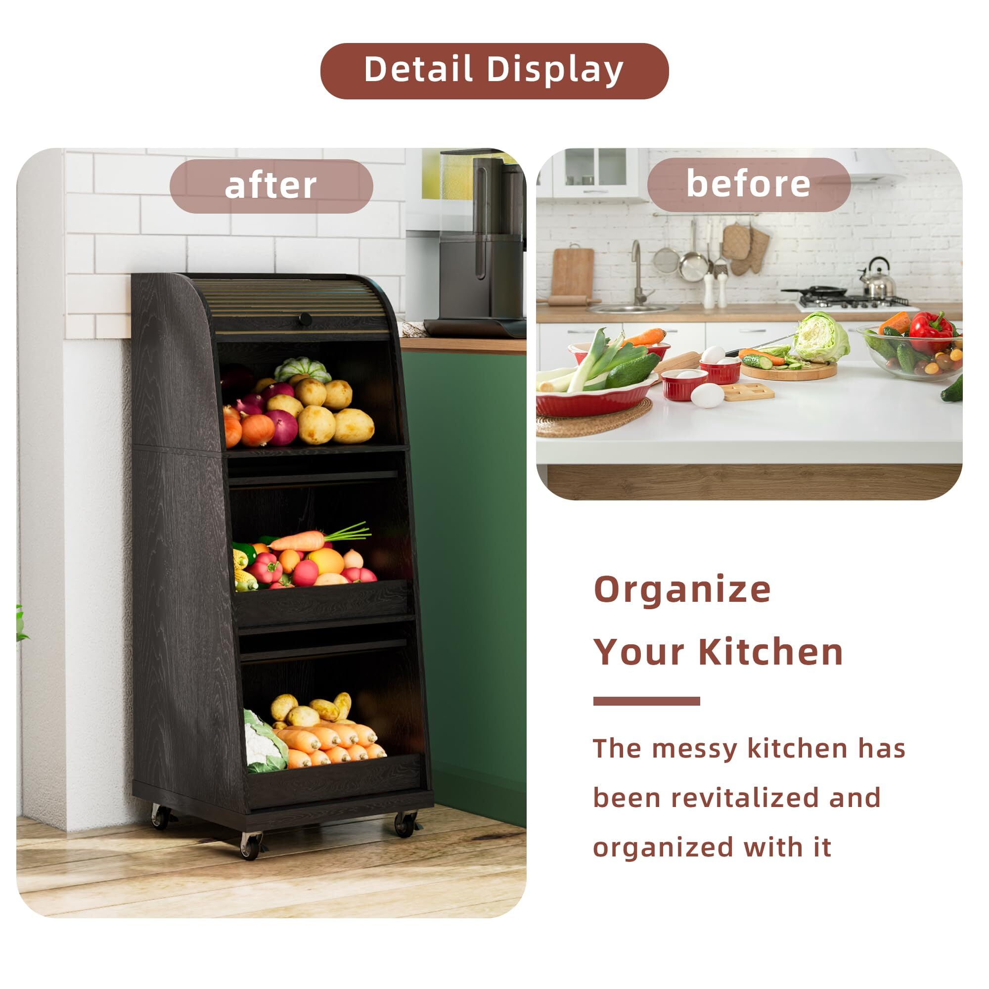 Movable Potato & Onion Storage Bin, Mid Century Modern Wood Pantry Cabinet with Sliding Door, Wheels & Bread Storage, Black
