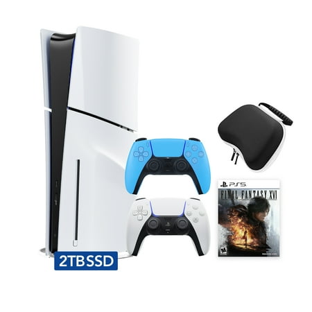 PlayStation 5 Slim Disc 2TB SSD Edition FINAL FANTASY XVI Bundle with Two Controllers White and Starlight Blue DualSense and Mytrix Hard Shell Protective Controller Case - PS5 Gaming Console