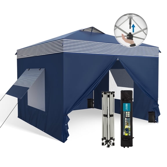Alpha Joy 10'x 10' Instant Canopy Outdoor Ez Up Outdoor Canopy Shelter Tent with 4 Side Walls, Blue & White