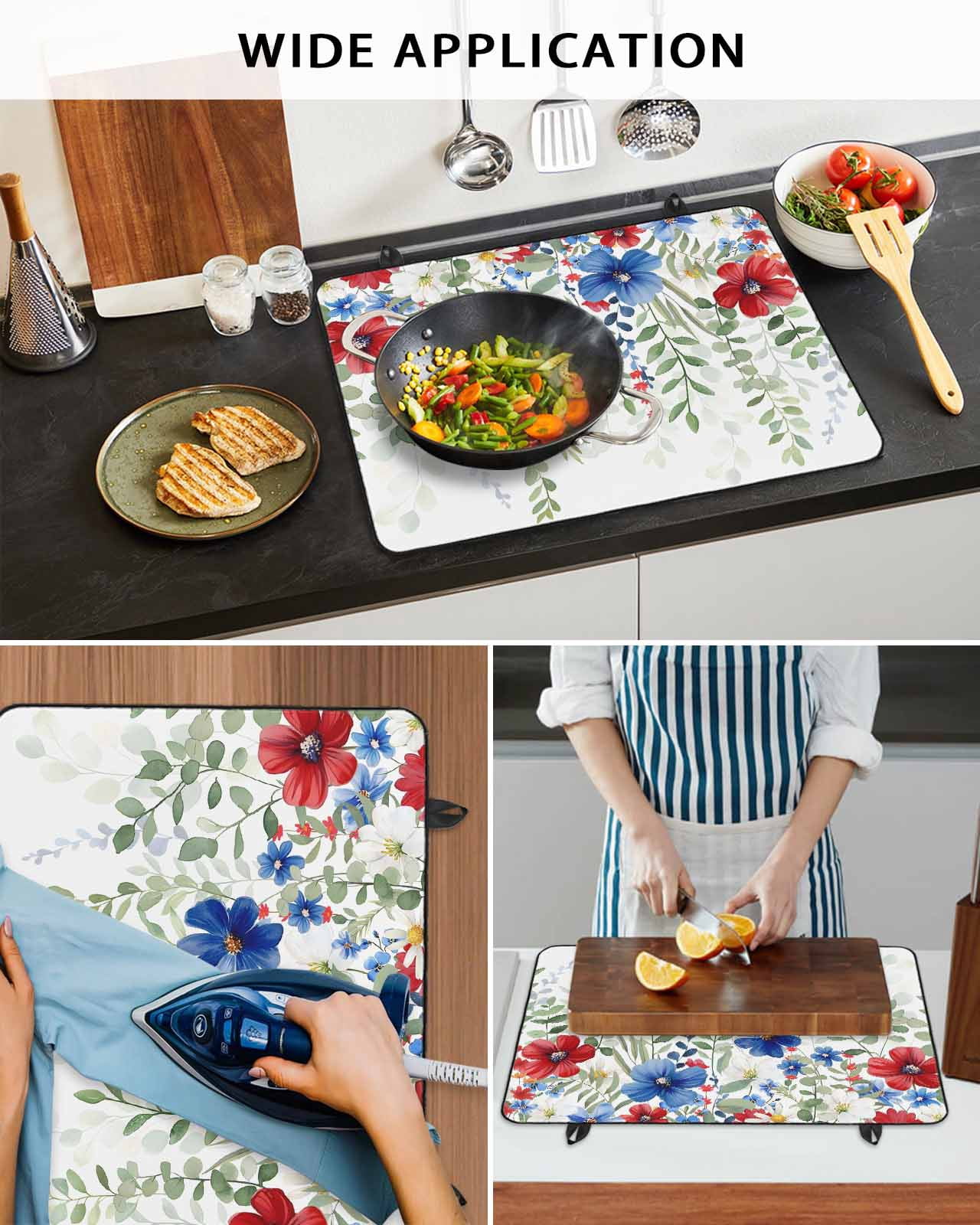 nqOlkjepod Large Induction Cooktop Protector Mat 24"x21", Red Blue Flowers 4th of July Stove Top Covers for Electric Stove, Independence Day Botanical Stove Burner Cover Mats, Glass Top Stove Cover