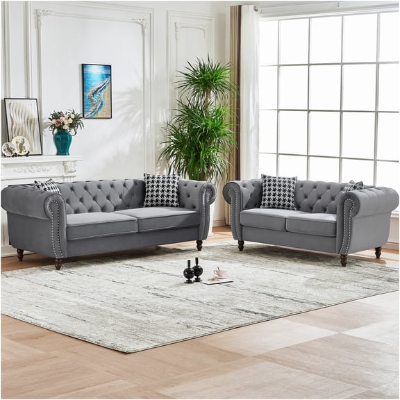 JERFIT Modern Velvet Chesterfield Sofa Set with Nailhead Trim, 3 2 Seater Upholstered Couch for Living Room, Office, Apartment, Gray