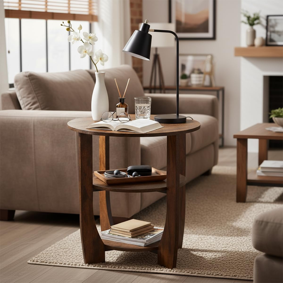 ZEXVIDA Round End Table with Storage Shelf,3 Tier Modern Side Table, Accent Table/Nightstand,19.7" D x 21.7" H