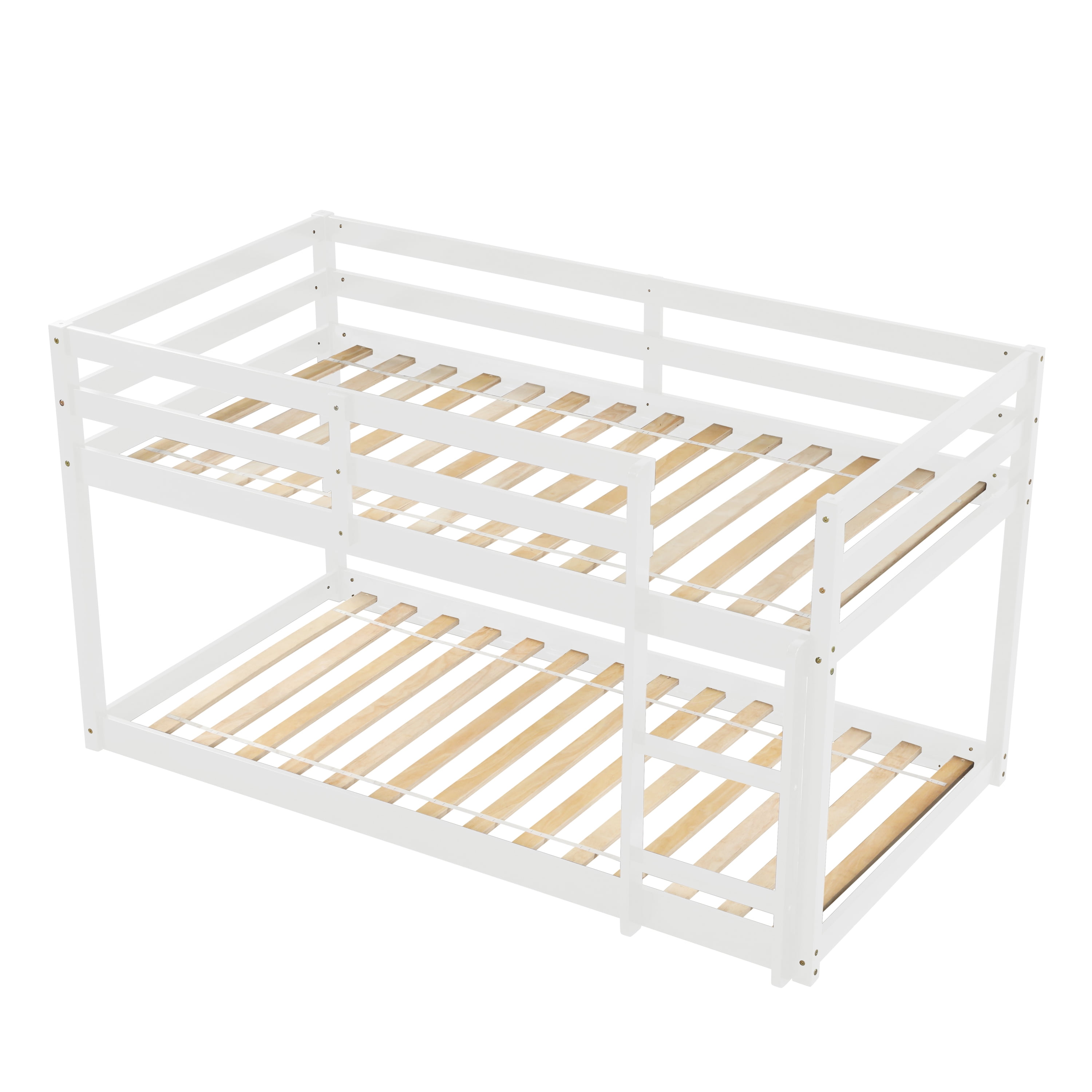 PORKISS Bunk Bed Twin Over Twin, Low Floor Bunk Bed for Kids with Guard Rails for Dorm, Small Space, No Box Spring Needed, White