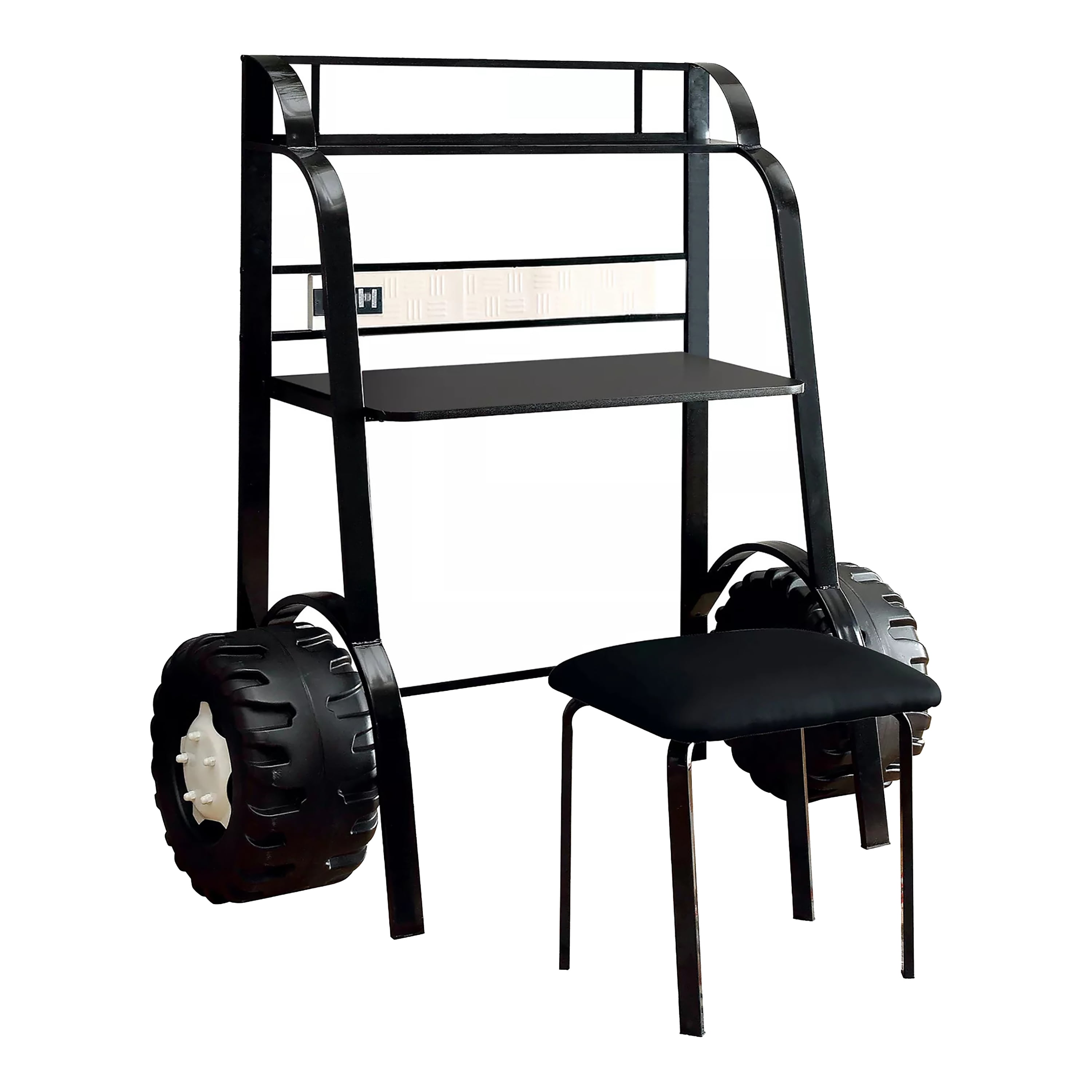 Furniture of America Daiton Novelty Metal Black Race Car Kids Desk and Stool Set